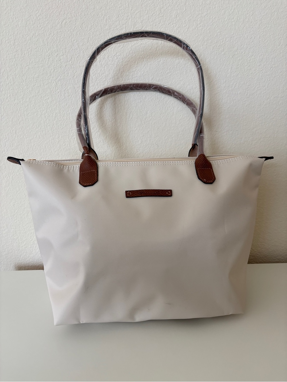Cream Tote Bag with Brown Handles Nylon Tote NEW - Picture 3 of 5